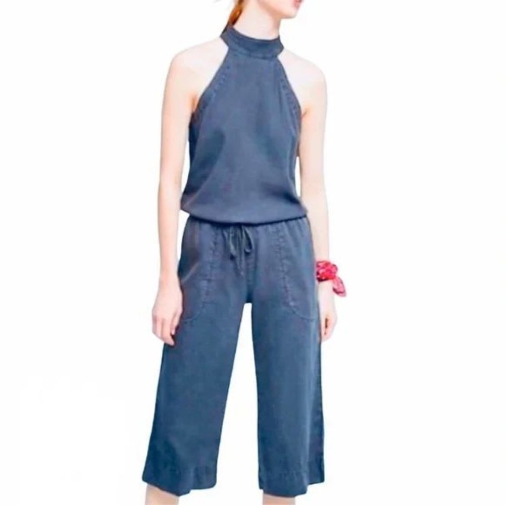 Cloth & Stone Bella Dahl Denim Cropped Wide Leg Jumpsuit Raw Hem Halter Neck